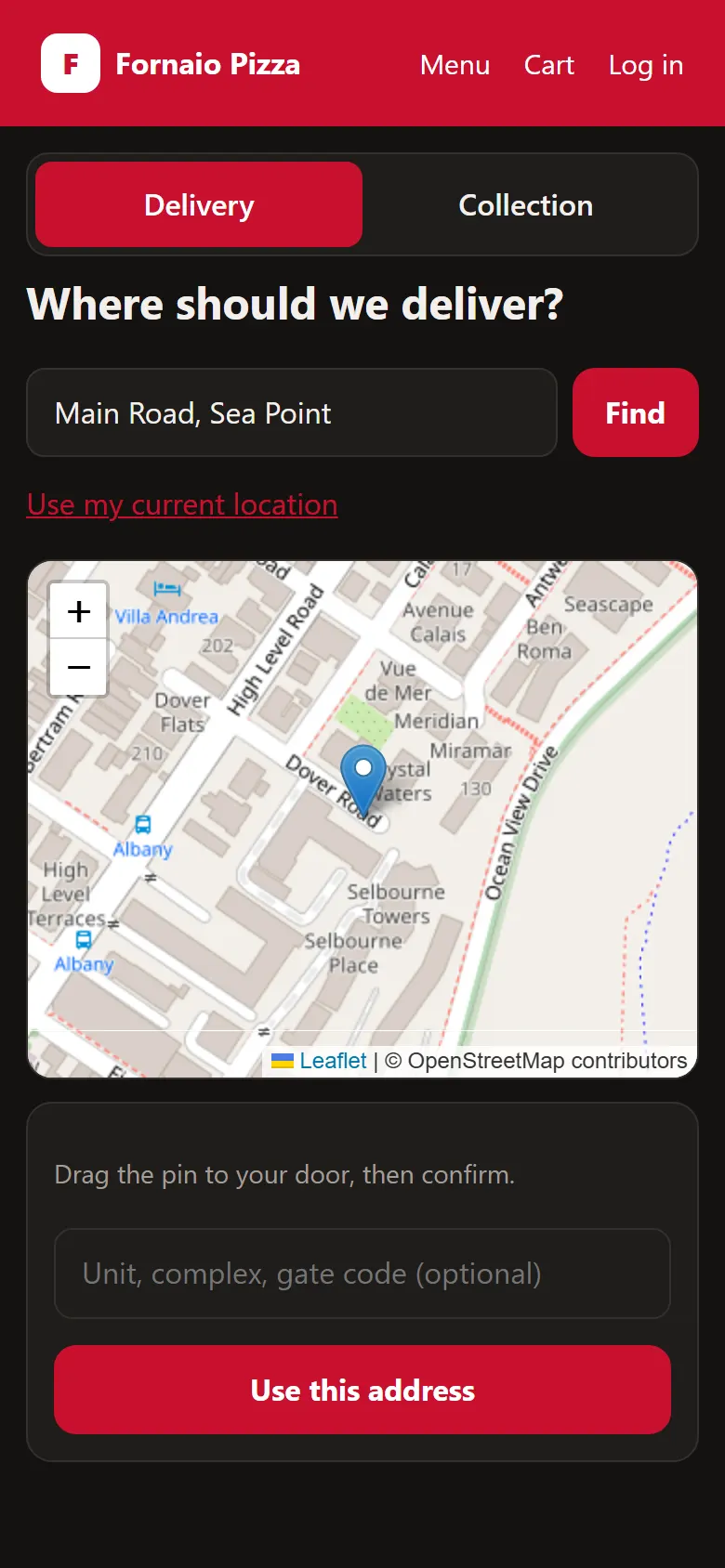 Ordering app: delivery address search with a map pin on the customer's door in Sea Point.