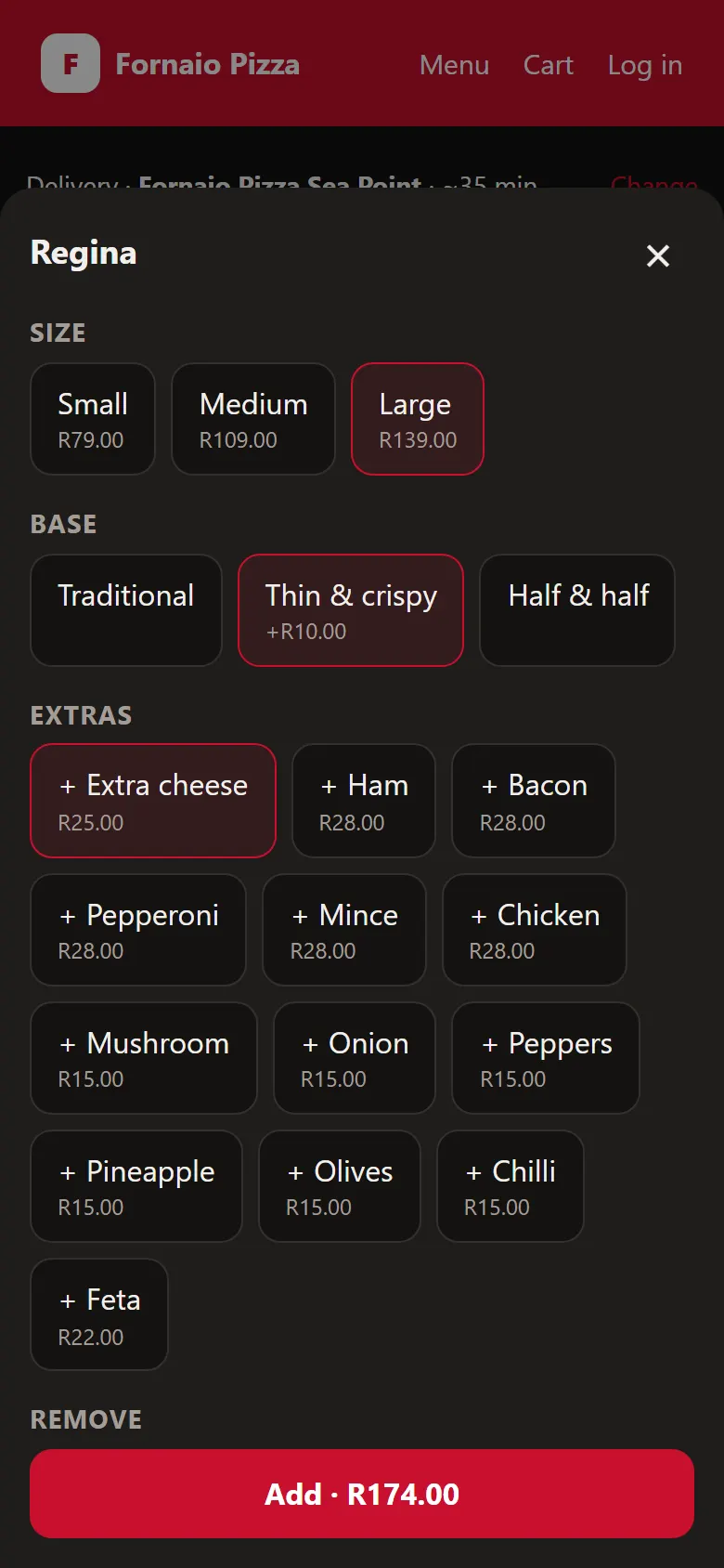 Ordering app: building a Regina pizza with size, base and extras, and an Add button with the price.