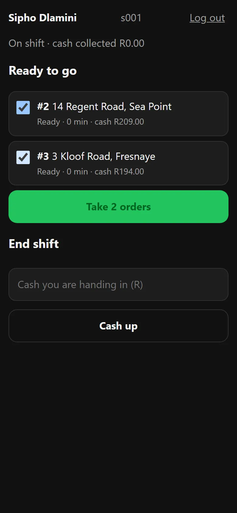 Driver app: two delivery orders ready to go with their addresses, and a Take orders button.