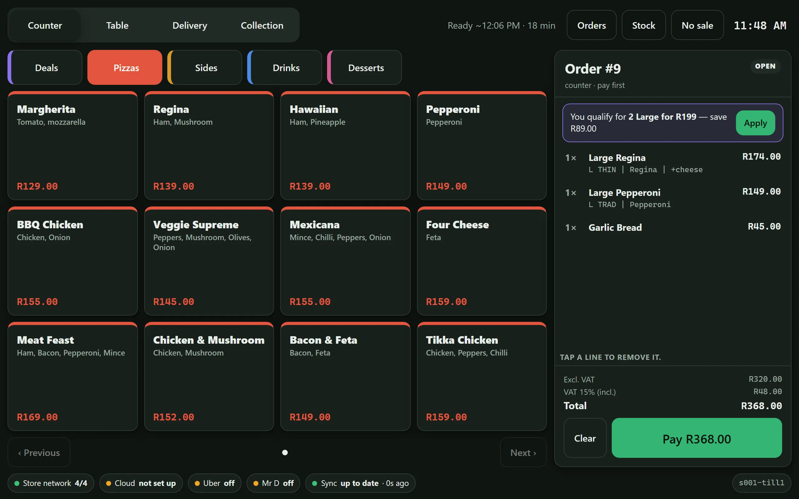 NoPOS till: pizza menu grid on the left, order panel on the right with a Large Regina on thin base with extra cheese, a Large Pepperoni and garlic bread, and a prompt to apply the 2 Large for R199 deal.